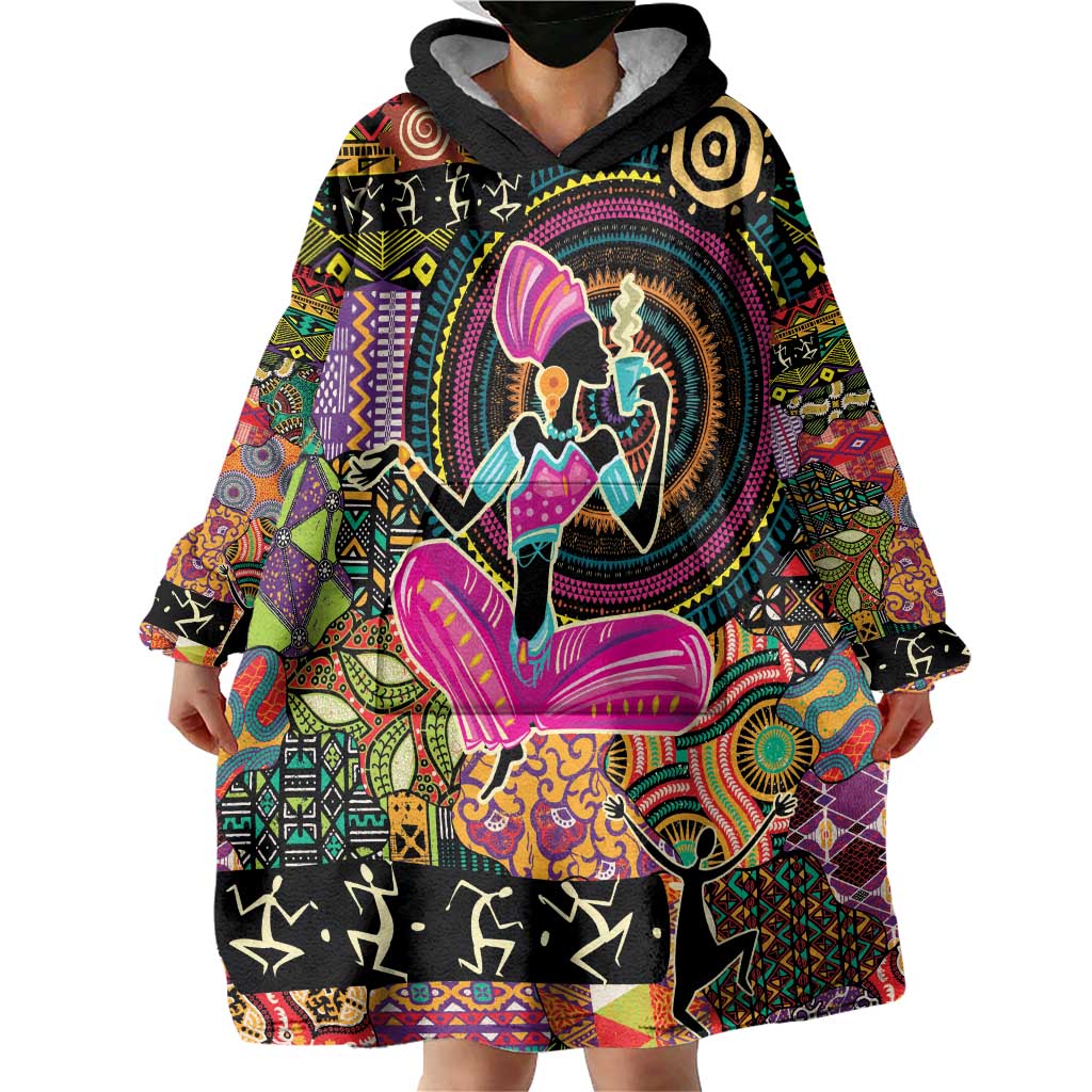 African Women Ethnic Motifs Wearable Blanket Hoodie - Wonder Print Shop