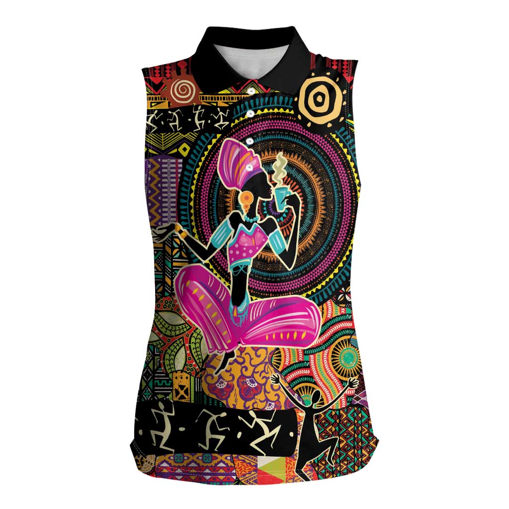 African Women Ethnic Motifs Women Sleeveless Polo Shirt - Wonder Print Shop