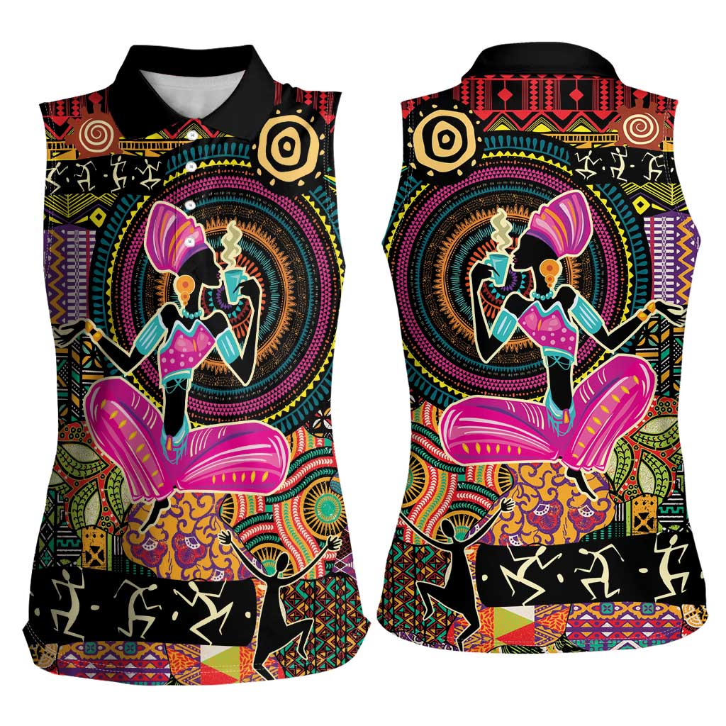 African Women Ethnic Motifs Women Sleeveless Polo Shirt - Wonder Print Shop