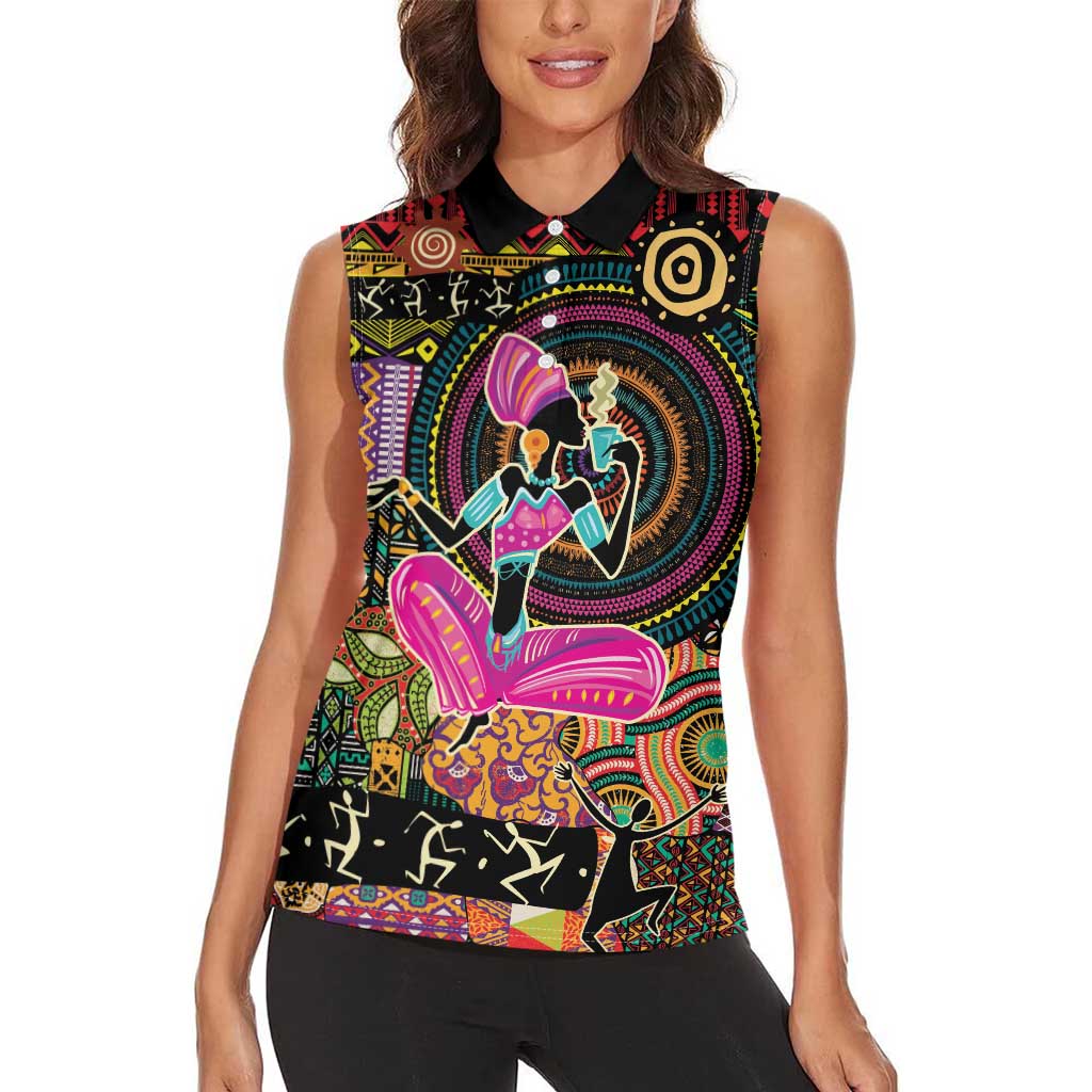 African Women Ethnic Motifs Women Sleeveless Polo Shirt - Wonder Print Shop
