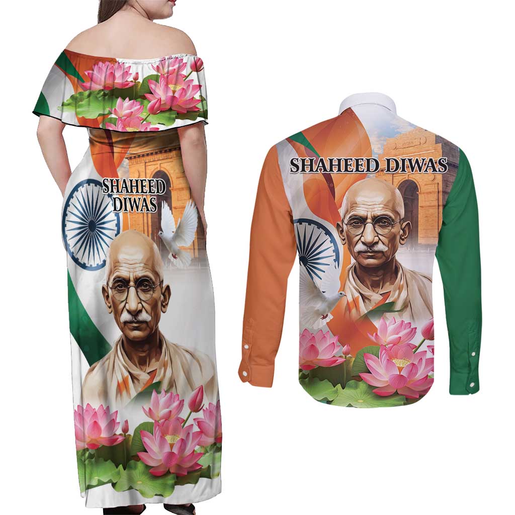 India Gandhi Martyr's Day Couples Matching Off Shoulder Maxi Dress and Long Sleeve Button Shirt Shaheed Diwas Ashoka Chakra