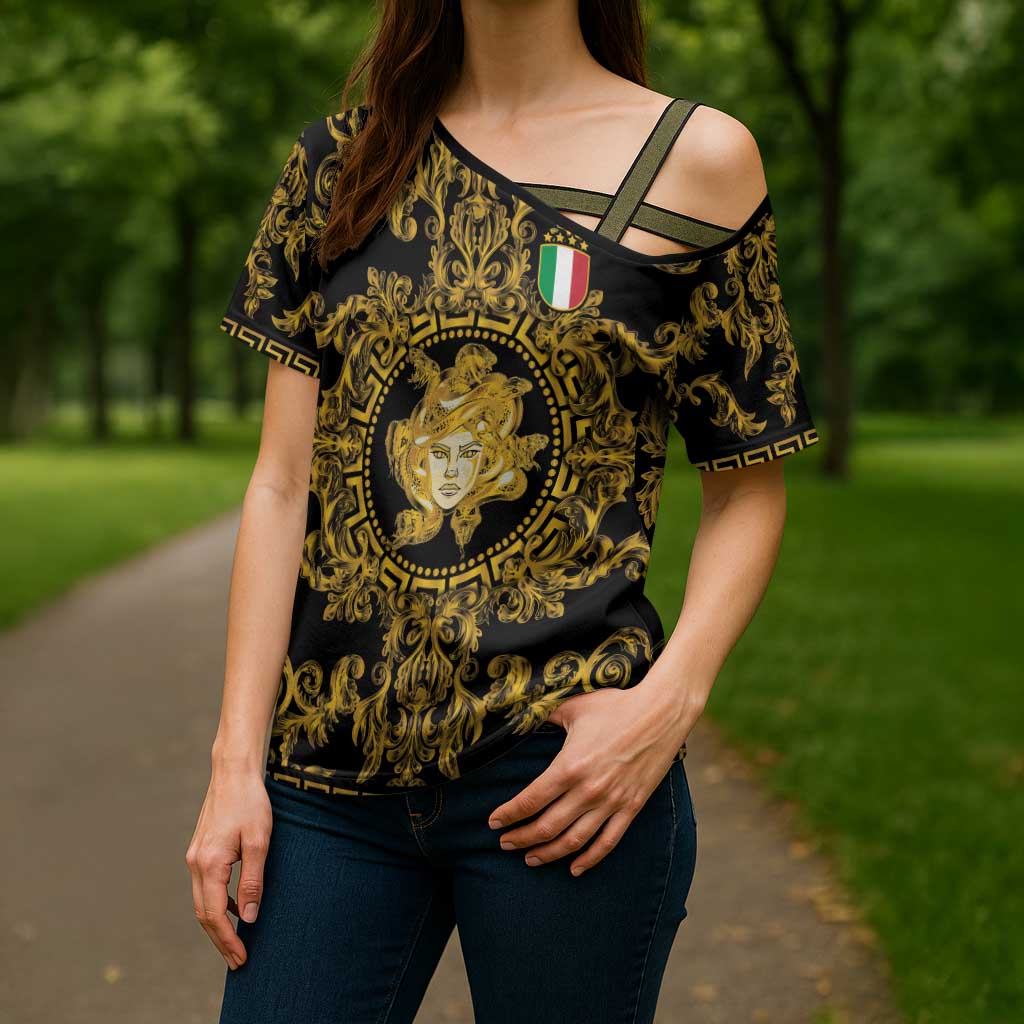 World Football 2026 Italy Custom Cross Shoulder Shirt Black Gold Baroque Medusa Edition - Wonder Print Shop