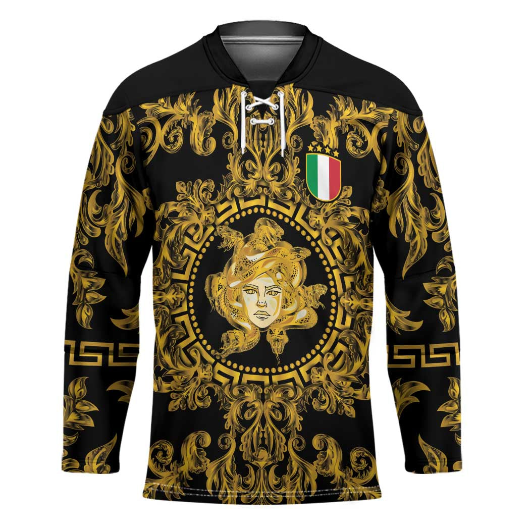 World Football 2026 Italy Custom Hockey Jersey Black Gold Baroque Medusa Edition - Wonder Print Shop