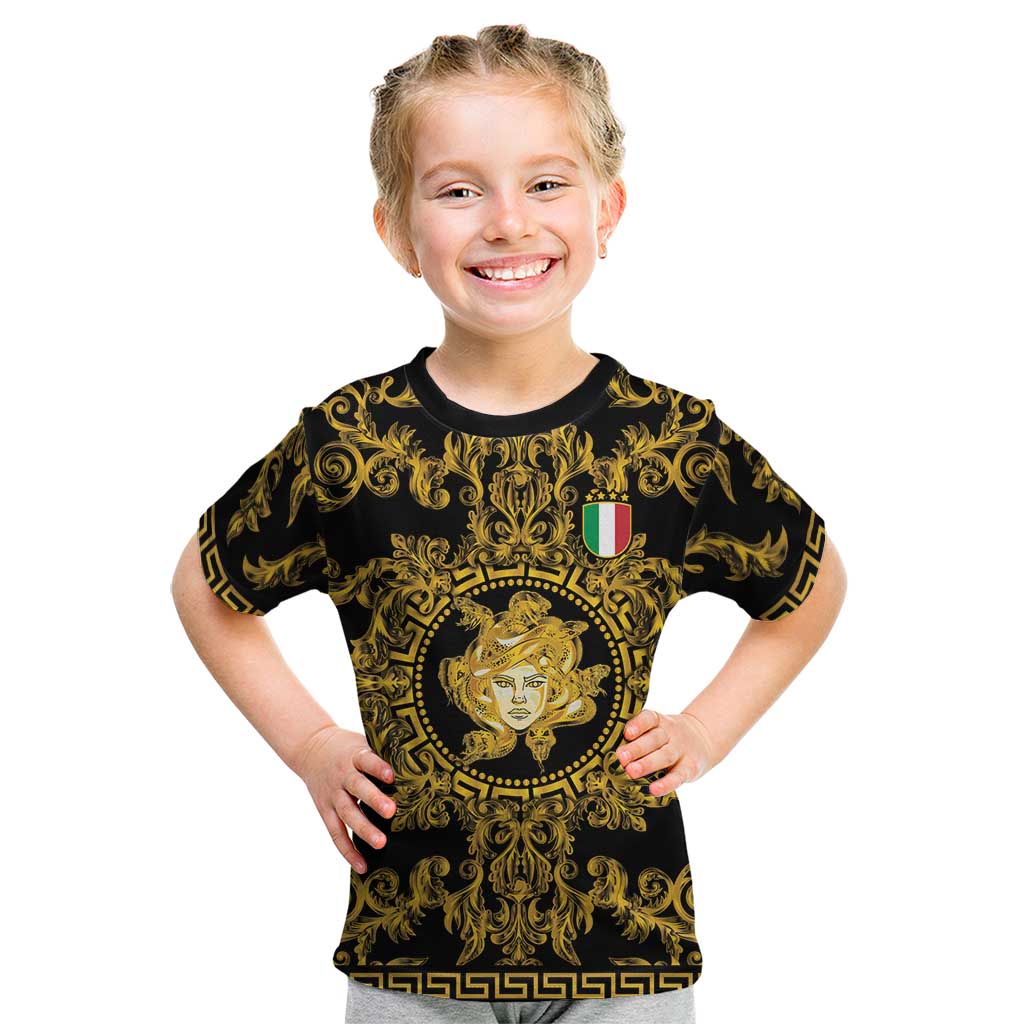 World Football 2026 Italy Custom Kid T Shirt Black Gold Baroque Medusa Edition - Wonder Print Shop