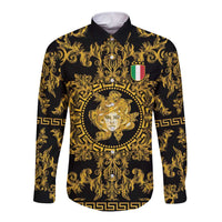 World Football 2026 Italy Custom Long Sleeve Button Shirt Black Gold Baroque Medusa Edition - Wonder Print Shop