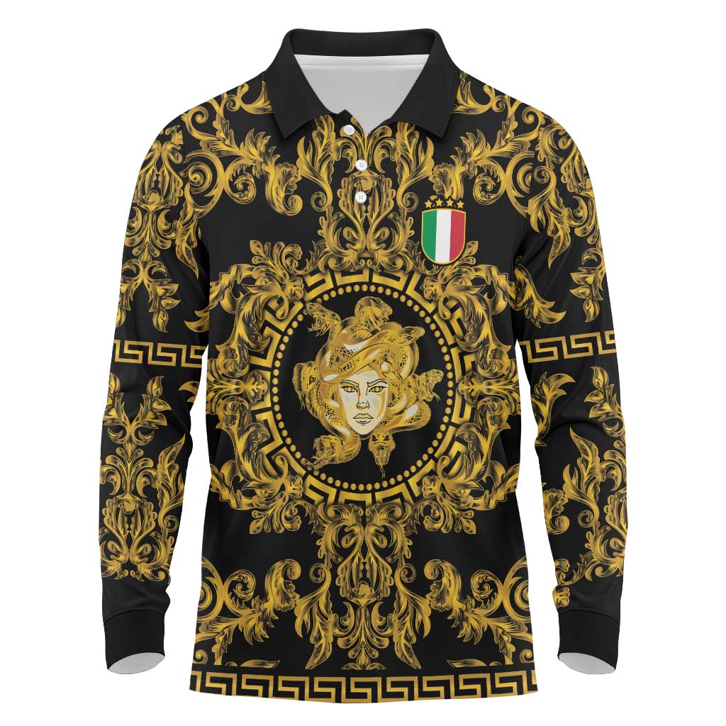 World Football 2026 Italy Custom Long Sleeve Polo Shirt Black Gold Baroque Medusa Edition - Wonder Print Shop