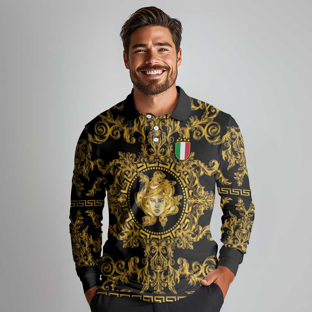 World Football 2026 Italy Custom Long Sleeve Polo Shirt Black Gold Baroque Medusa Edition - Wonder Print Shop