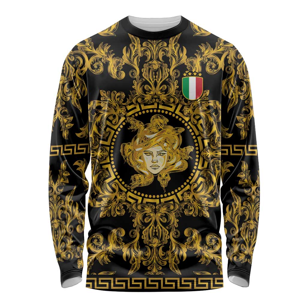 World Football 2026 Italy Custom Long Sleeve Shirt Black Gold Baroque Medusa Edition - Wonder Print Shop