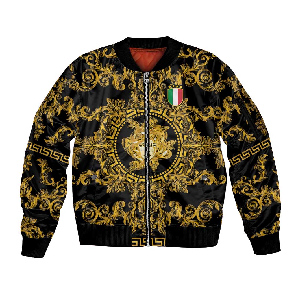 World Football 2026 Italy Custom Sleeve Zip Bomber Jacket Black Gold Baroque Medusa Edition - Wonder Print Shop