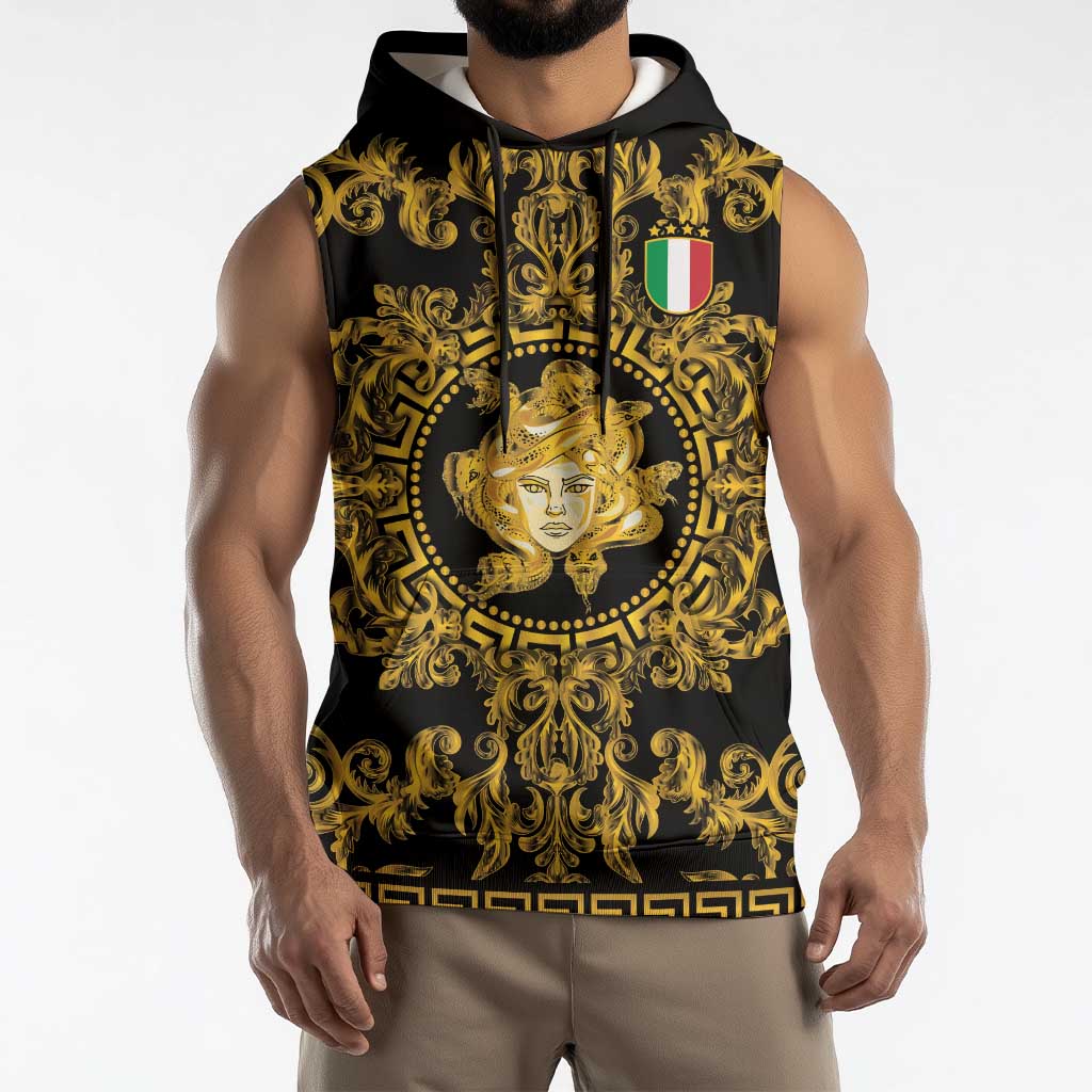 World Football 2026 Italy Custom Sleeveless Hoodie Black Gold Baroque Medusa Edition - Wonder Print Shop
