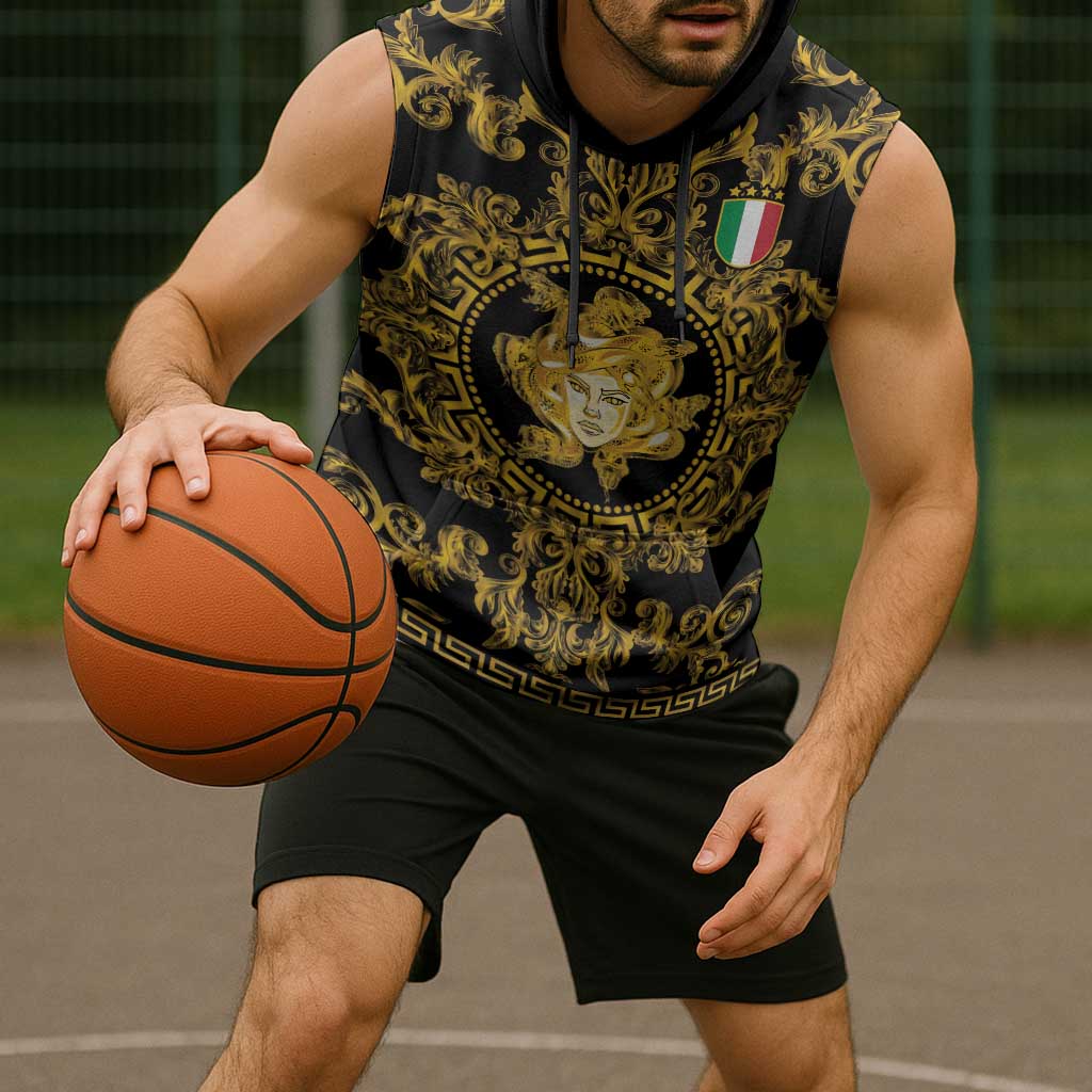 World Football 2026 Italy Custom Sleeveless Hoodie Black Gold Baroque Medusa Edition - Wonder Print Shop