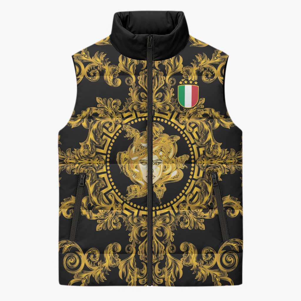 World Football 2026 Italy Custom Sleeveless Puffer Jacket Black Gold Baroque Medusa Edition - Wonder Print Shop