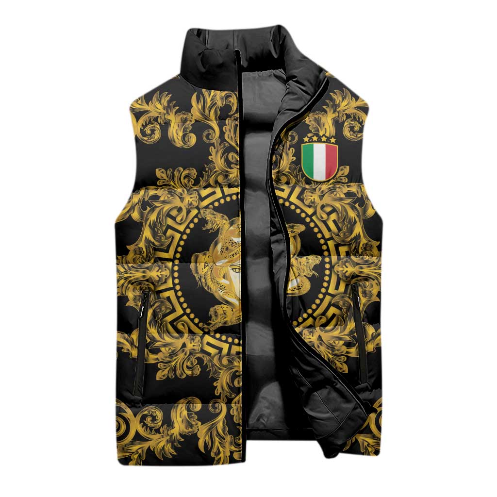 World Football 2026 Italy Custom Sleeveless Puffer Jacket Black Gold Baroque Medusa Edition - Wonder Print Shop