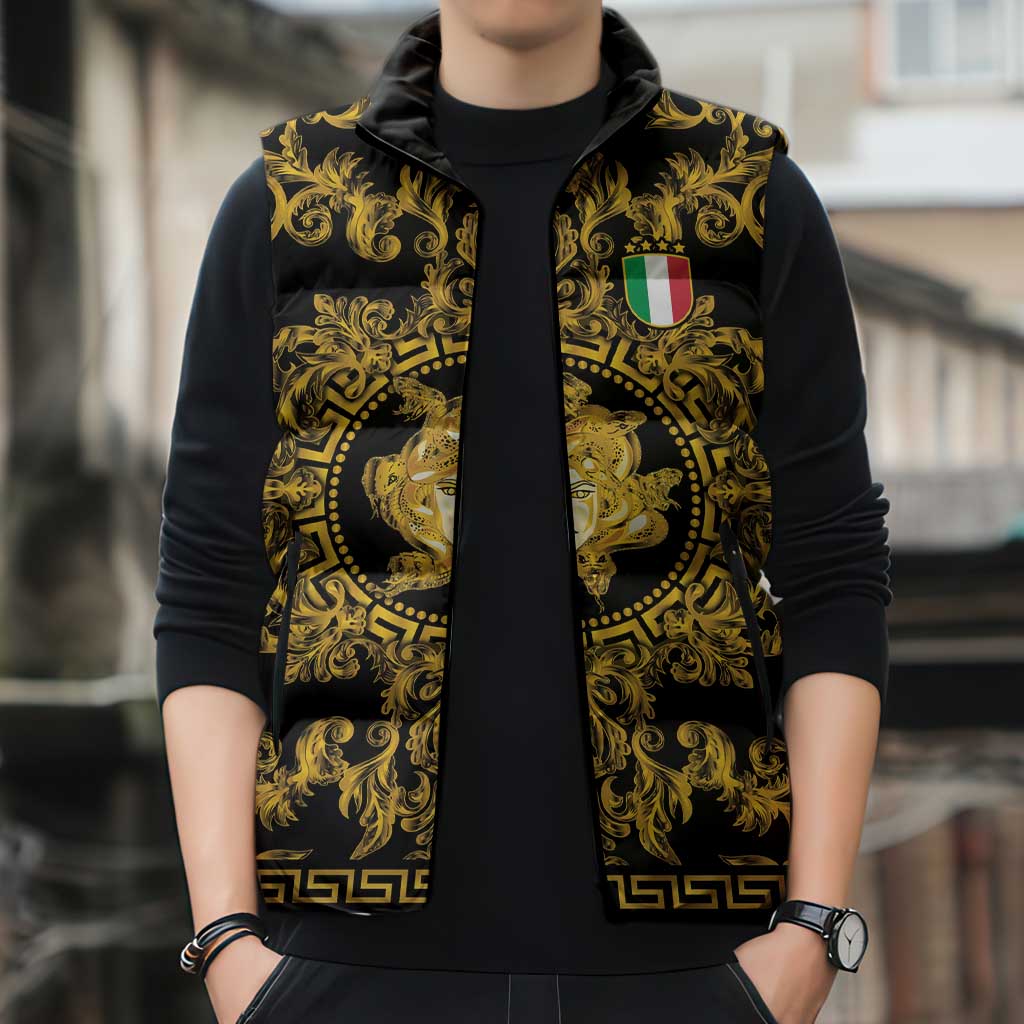 World Football 2026 Italy Custom Sleeveless Puffer Jacket Black Gold Baroque Medusa Edition - Wonder Print Shop