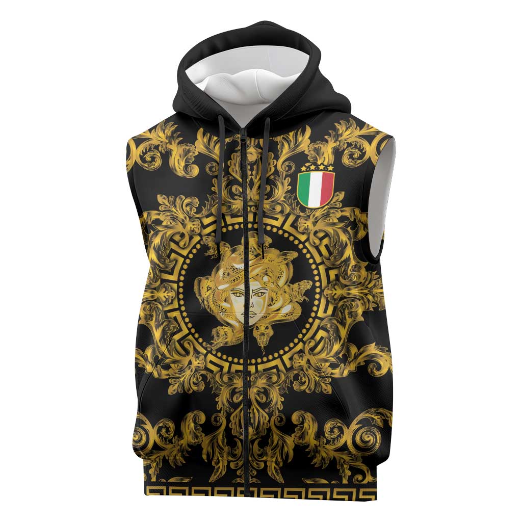 World Football 2026 Italy Custom Sleeveless Zip Hoodie Black Gold Baroque Medusa Edition - Wonder Print Shop