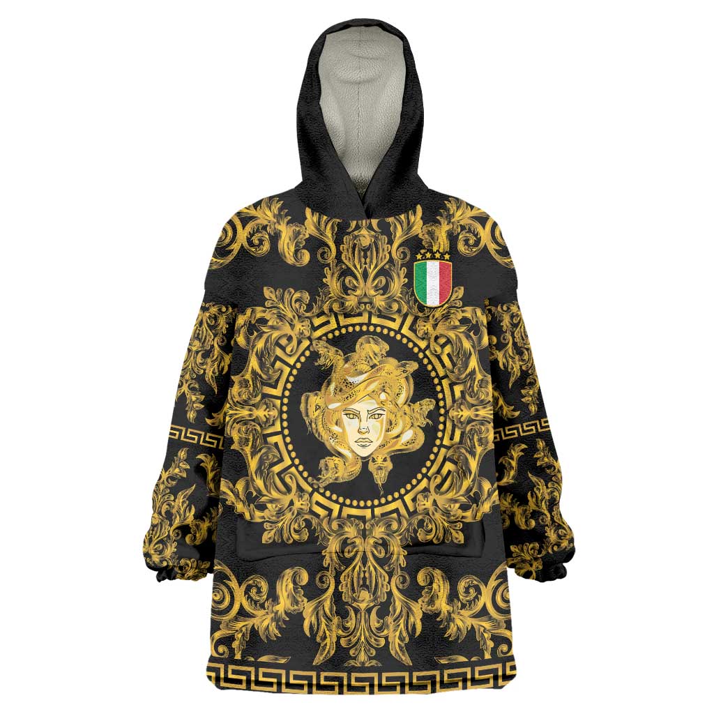 World Football 2026 Italy Custom Wearable Blanket Hoodie Black Gold Baroque Medusa Edition - Wonder Print Shop