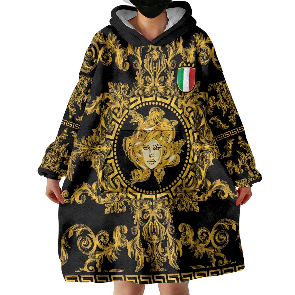 World Football 2026 Italy Custom Wearable Blanket Hoodie Black Gold Baroque Medusa Edition - Wonder Print Shop