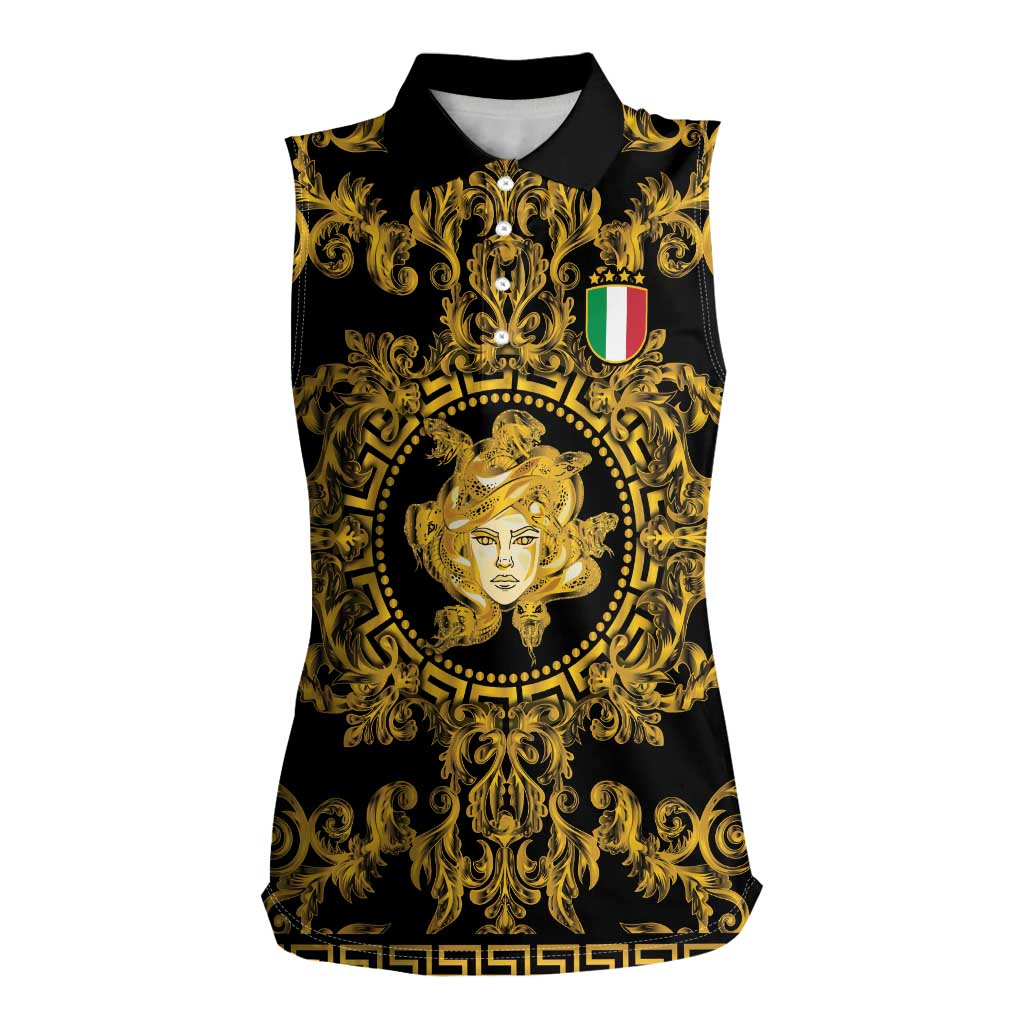 World Football 2026 Italy Custom Women Sleeveless Polo Shirt Black Gold Baroque Medusa Edition - Wonder Print Shop