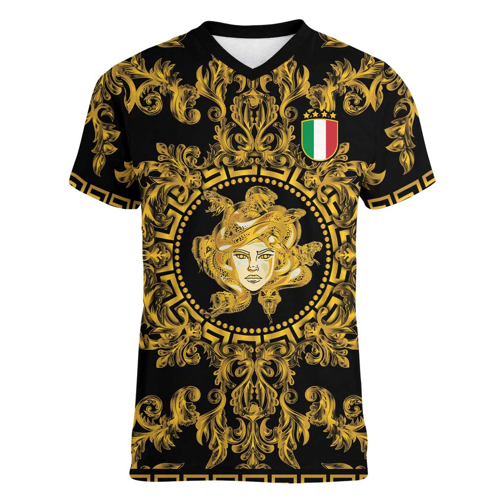 World Football 2026 Italy Custom Women V-Neck T-Shirt Black Gold Baroque Medusa Edition - Wonder Print Shop
