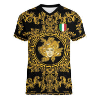 World Football 2026 Italy Custom Women V-Neck T-Shirt Black Gold Baroque Medusa Edition - Wonder Print Shop