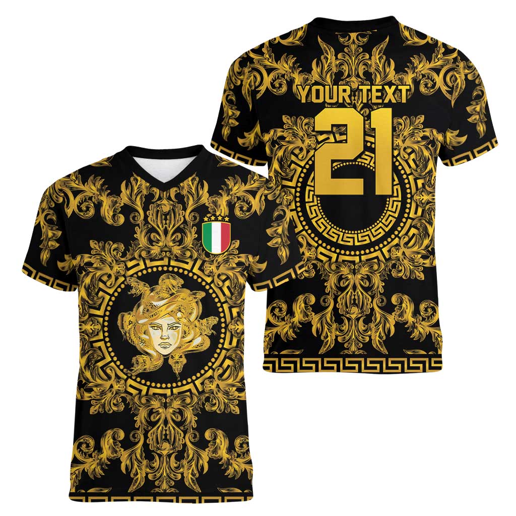 World Football 2026 Italy Custom Women V-Neck T-Shirt Black Gold Baroque Medusa Edition - Wonder Print Shop