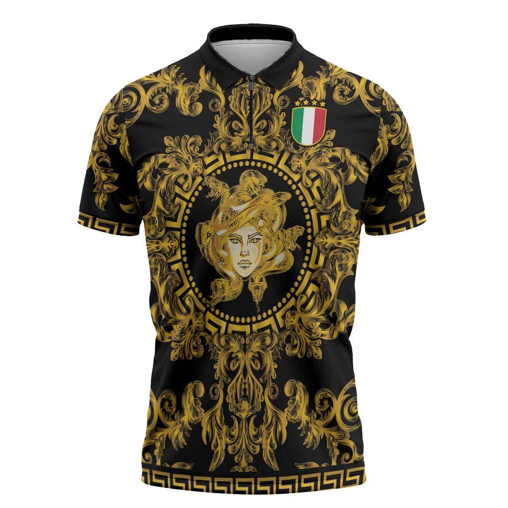 World Football 2026 Italy Custom Zipper Polo Shirt Black Gold Baroque Medusa Edition - Wonder Print Shop