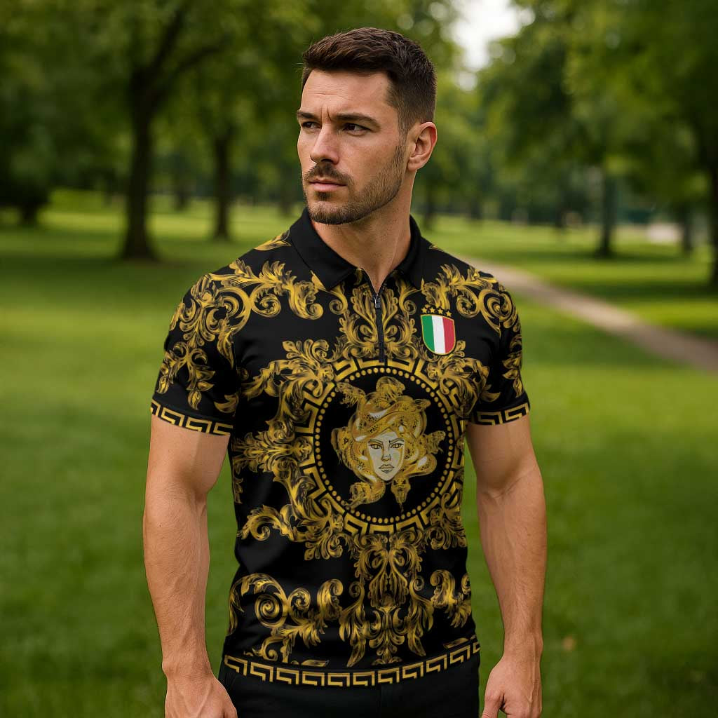 World Football 2026 Italy Custom Zipper Polo Shirt Black Gold Baroque Medusa Edition - Wonder Print Shop