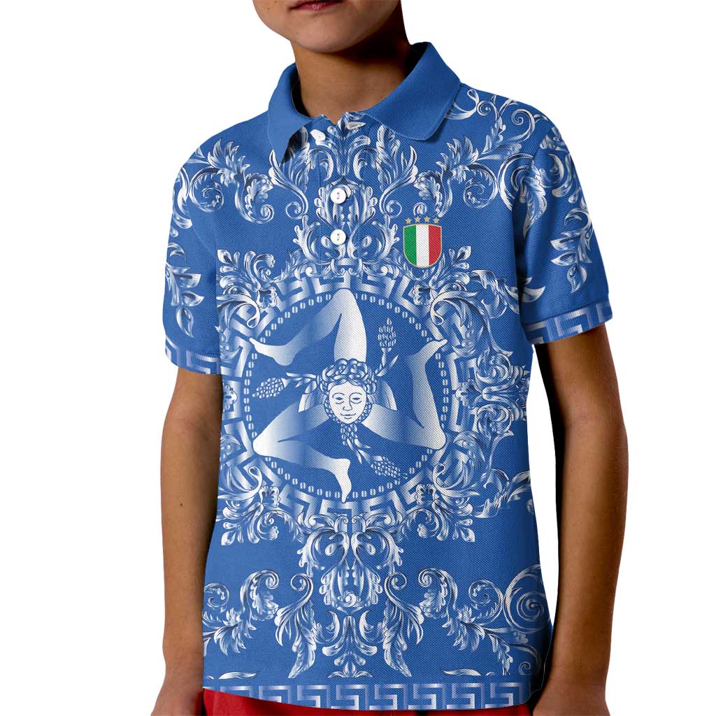 World Football 2026 Italy Custom Kid Polo Shirt Blue Baroque Trinacria Edition - Wonder Print Shop
