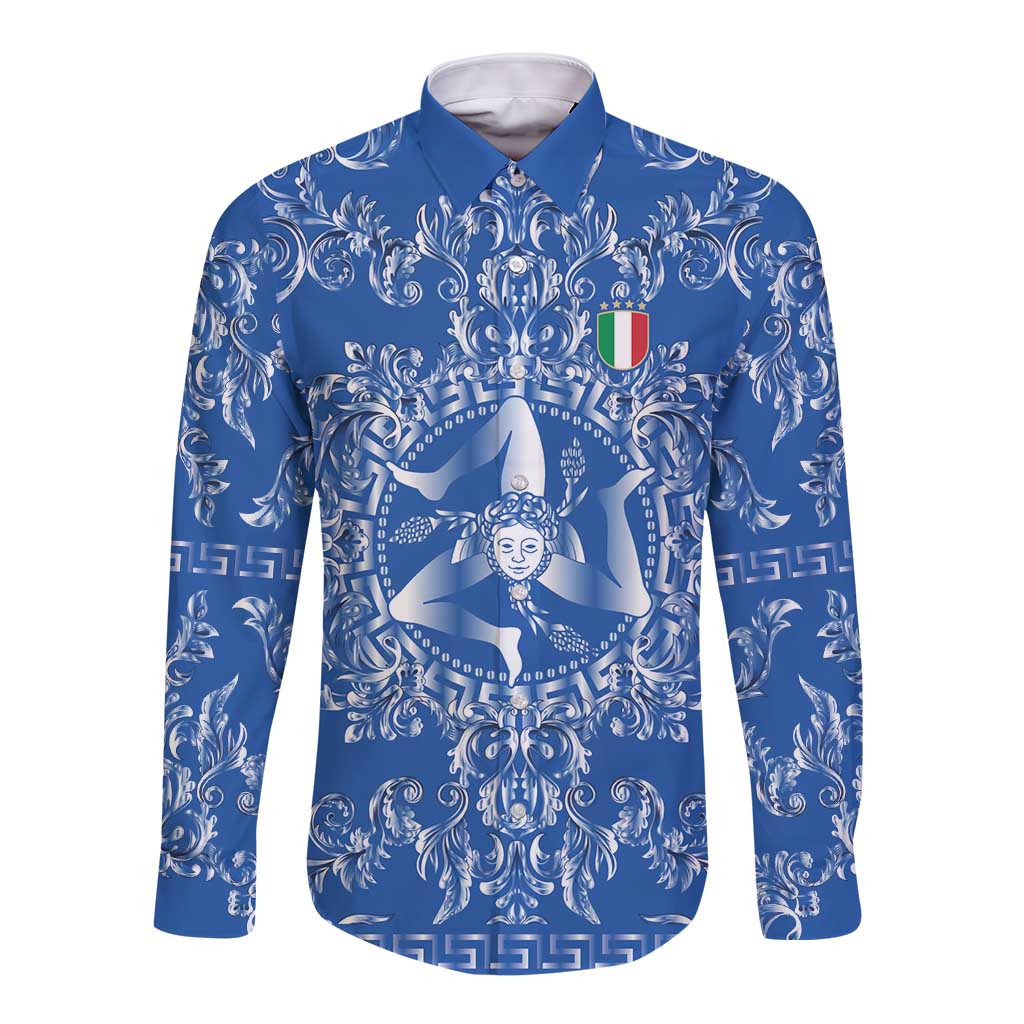 World Football 2026 Italy Custom Long Sleeve Button Shirt Blue Baroque Trinacria Edition - Wonder Print Shop
