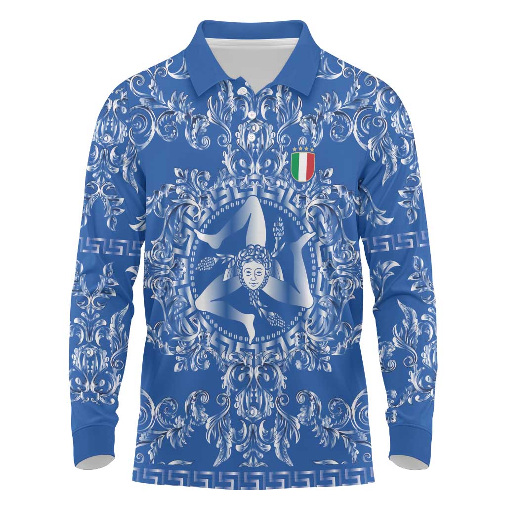 World Football 2026 Italy Custom Long Sleeve Polo Shirt Blue Baroque Trinacria Edition - Wonder Print Shop