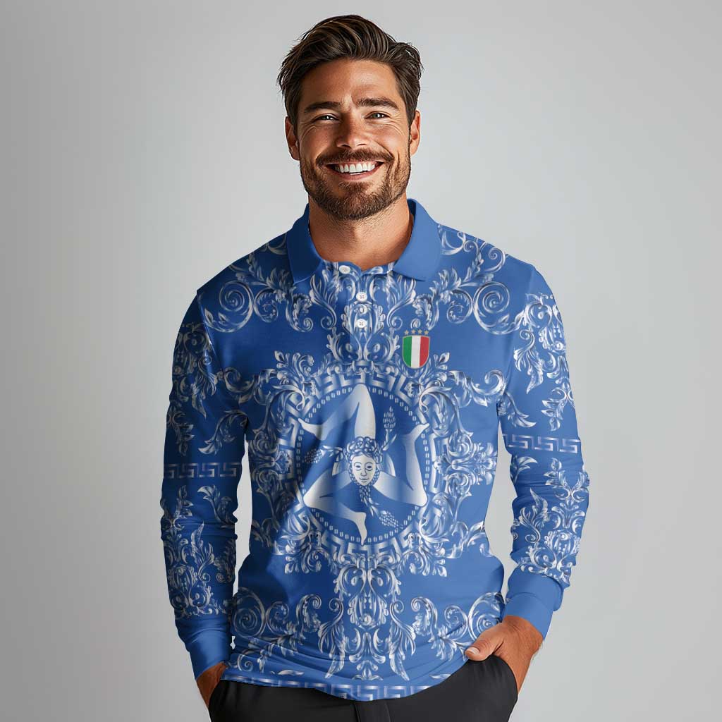 World Football 2026 Italy Custom Long Sleeve Polo Shirt Blue Baroque Trinacria Edition - Wonder Print Shop