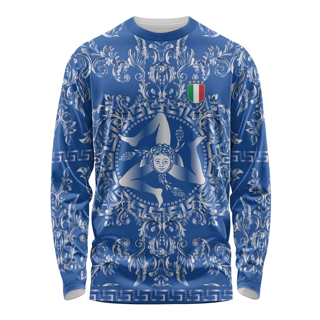 World Football 2026 Italy Custom Long Sleeve Shirt Blue Baroque Trinacria Edition - Wonder Print Shop