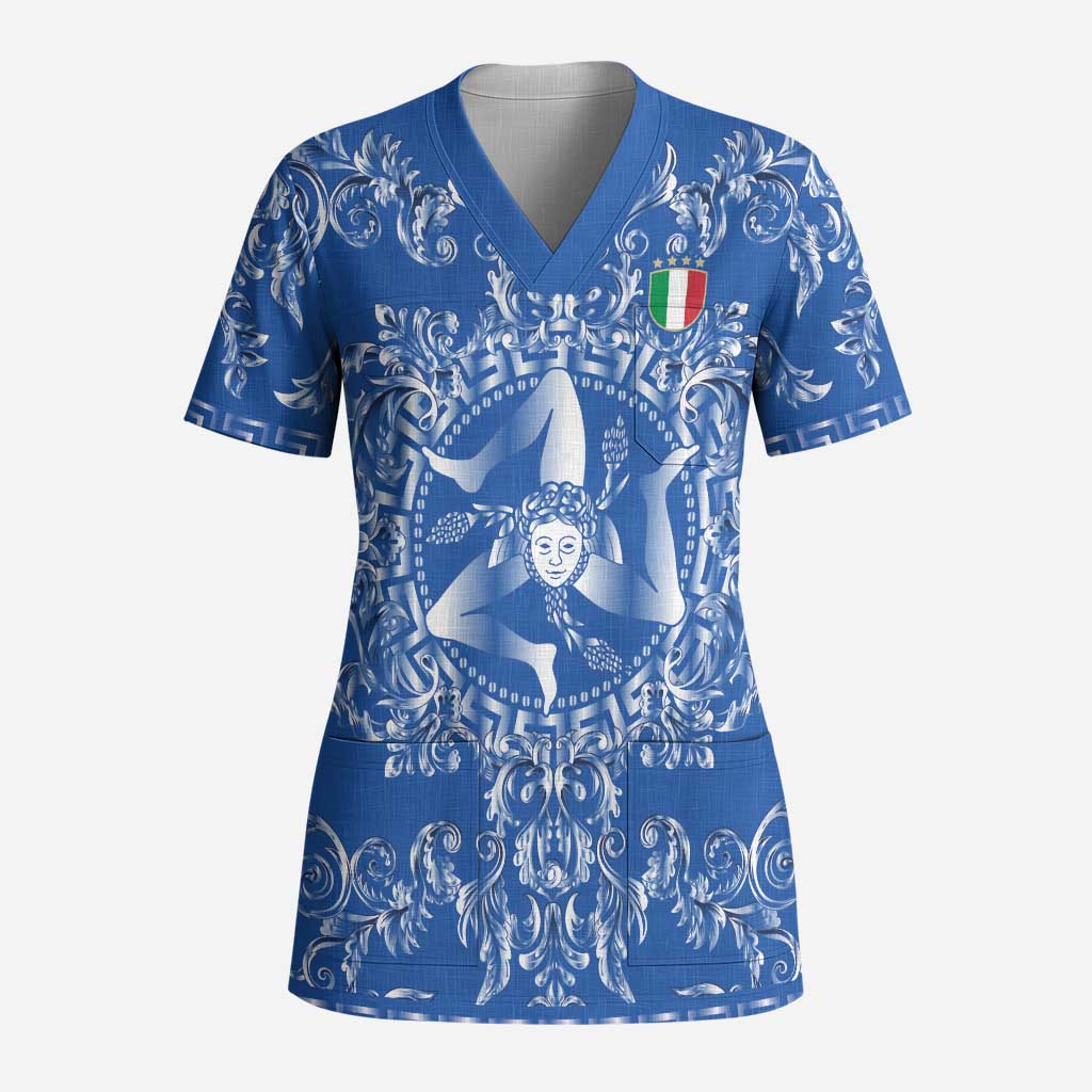 World Football 2026 Italy Custom Scrub Top Blue Baroque Trinacria Edition - Wonder Print Shop