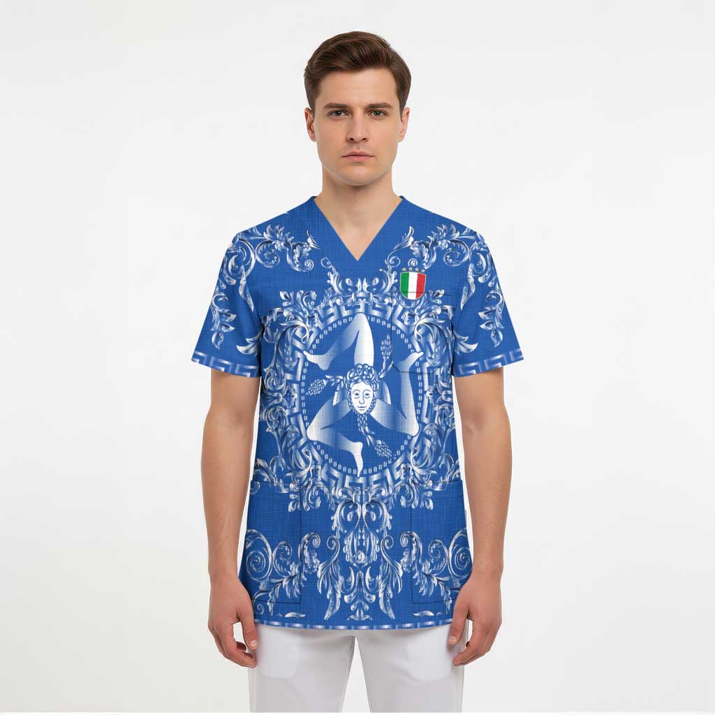 World Football 2026 Italy Custom Scrub Top Blue Baroque Trinacria Edition - Wonder Print Shop
