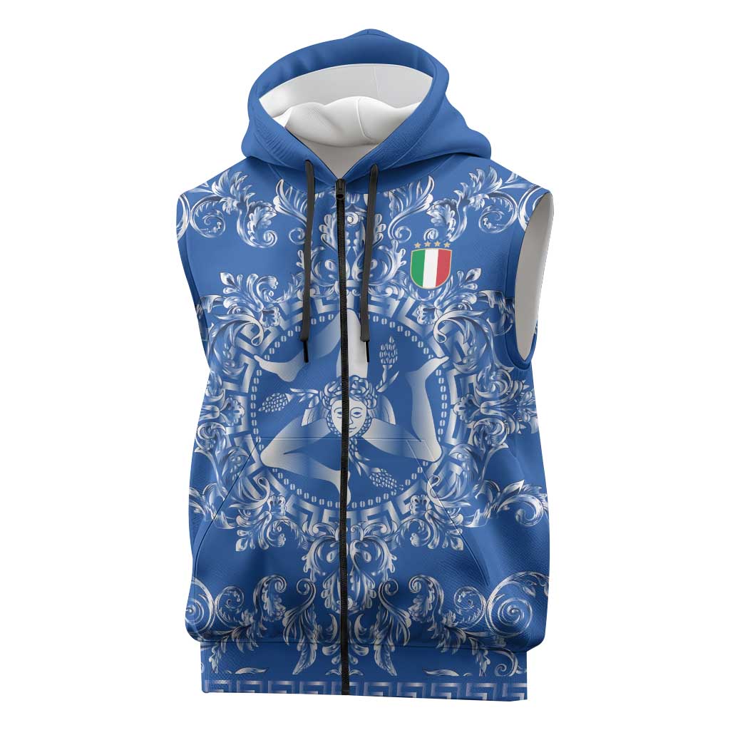 World Football 2026 Italy Custom Sleeveless Zip Hoodie Blue Baroque Trinacria Edition - Wonder Print Shop