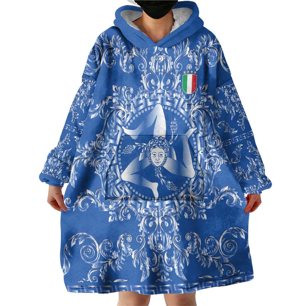 World Football 2026 Italy Custom Wearable Blanket Hoodie Blue Baroque Trinacria Edition - Wonder Print Shop