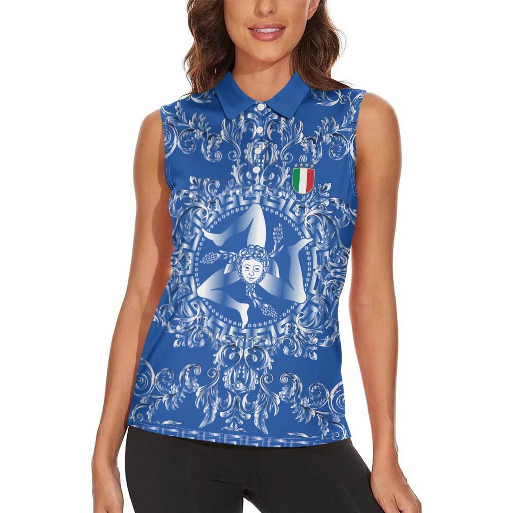 World Football 2026 Italy Custom Women Sleeveless Polo Shirt Blue Baroque Trinacria Edition - Wonder Print Shop