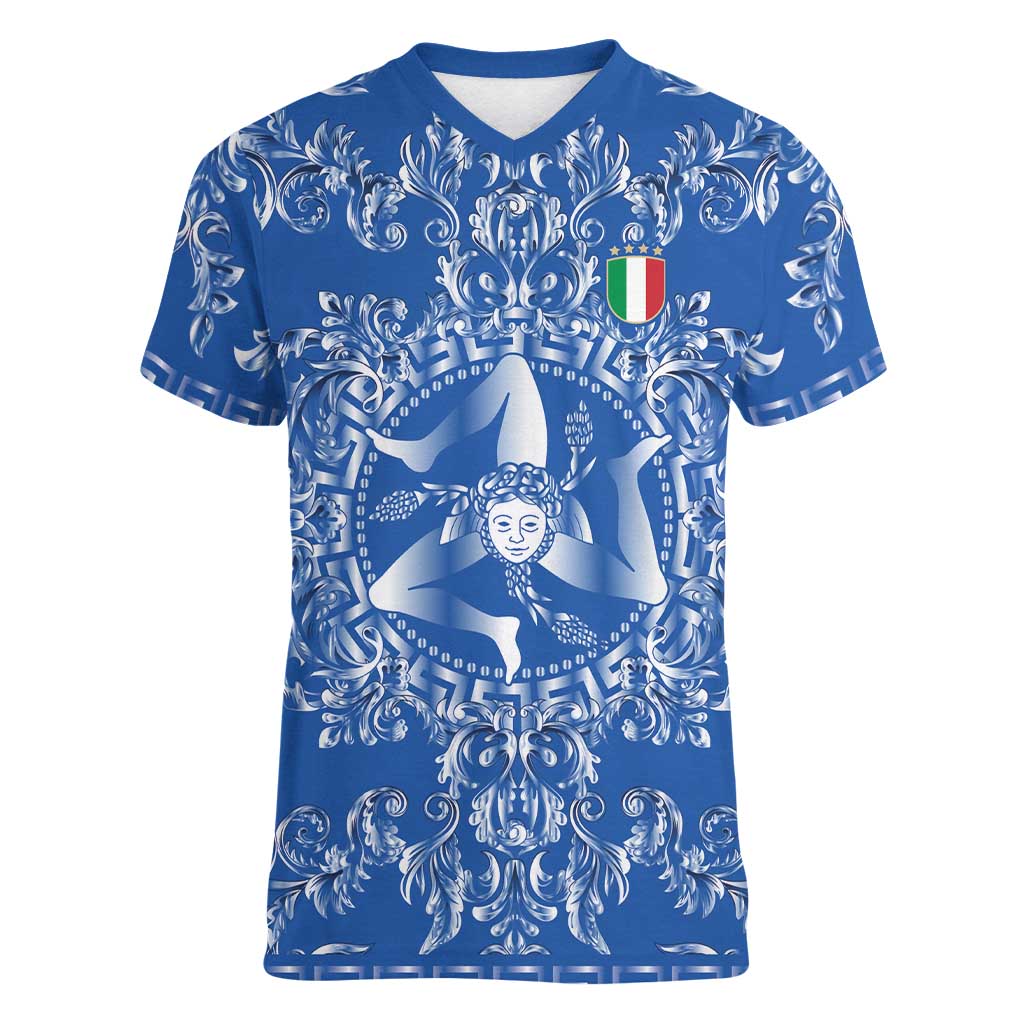 World Football 2026 Italy Custom Women V-Neck T-Shirt Blue Baroque Trinacria Edition - Wonder Print Shop