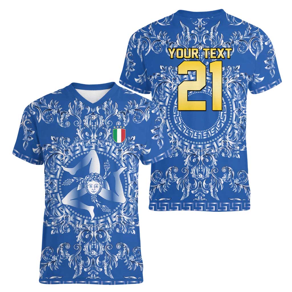 World Football 2026 Italy Custom Women V-Neck T-Shirt Blue Baroque Trinacria Edition - Wonder Print Shop