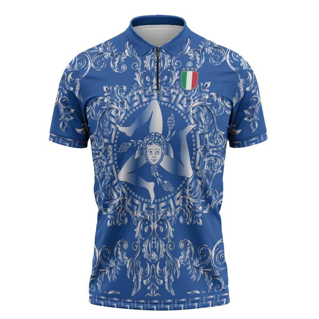 World Football 2026 Italy Custom Zipper Polo Shirt Blue Baroque Trinacria Edition - Wonder Print Shop