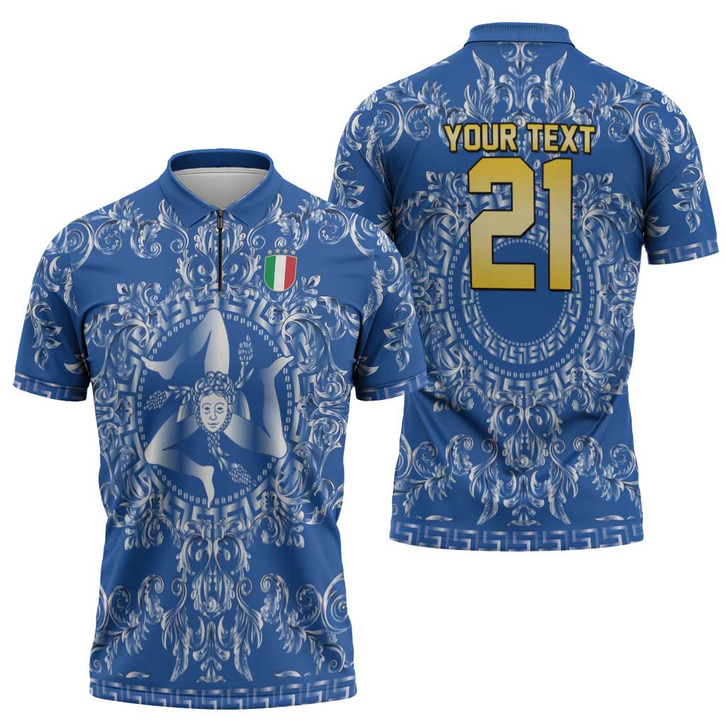 World Football 2026 Italy Custom Zipper Polo Shirt Blue Baroque Trinacria Edition - Wonder Print Shop
