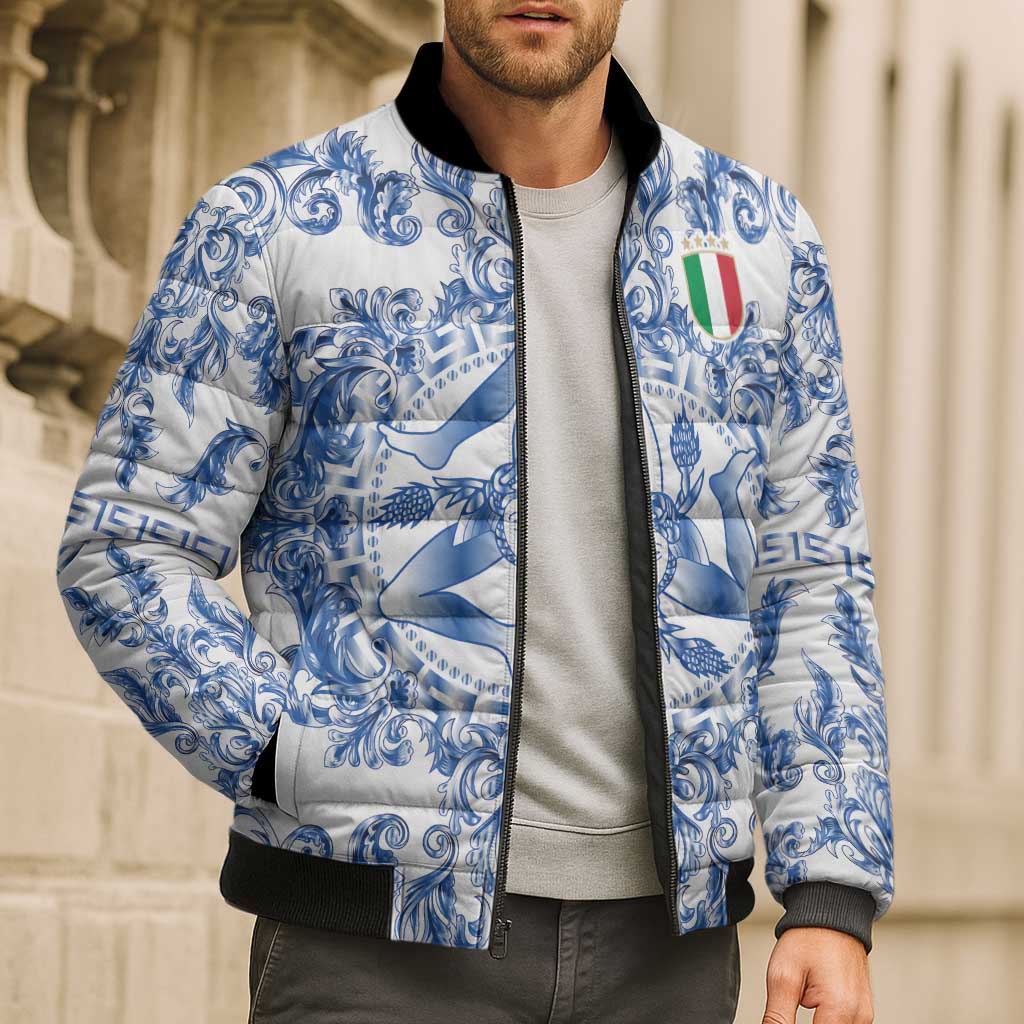 World Football 2026 Italy Custom Bomber Puffer Jacket Blue White Baroque Trinacria Edition - Wonder Print Shop