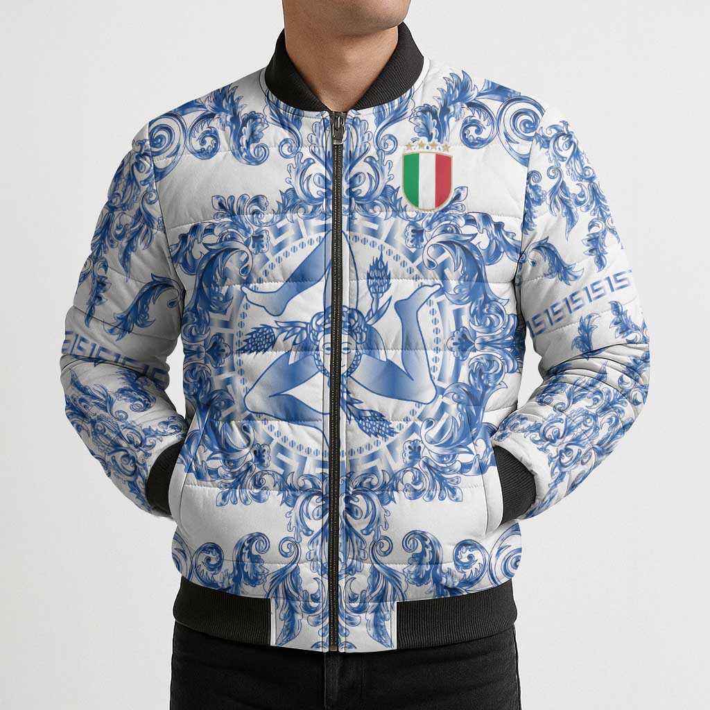 World Football 2026 Italy Custom Bomber Puffer Jacket Blue White Baroque Trinacria Edition - Wonder Print Shop
