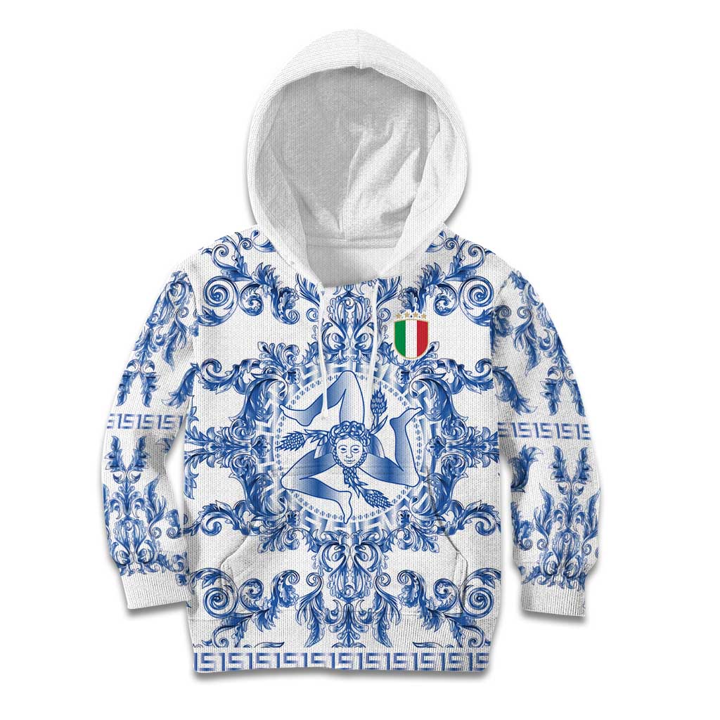World Football 2026 Italy Custom Kid Hoodie Blue White Baroque Trinacria Edition - Wonder Print Shop