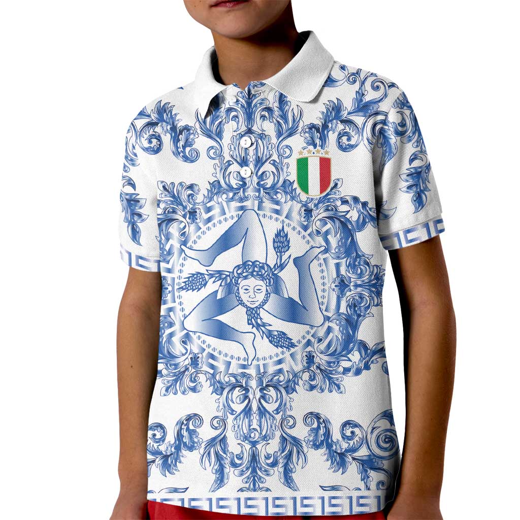 World Football 2026 Italy Custom Kid Polo Shirt Blue White Baroque Trinacria Edition - Wonder Print Shop