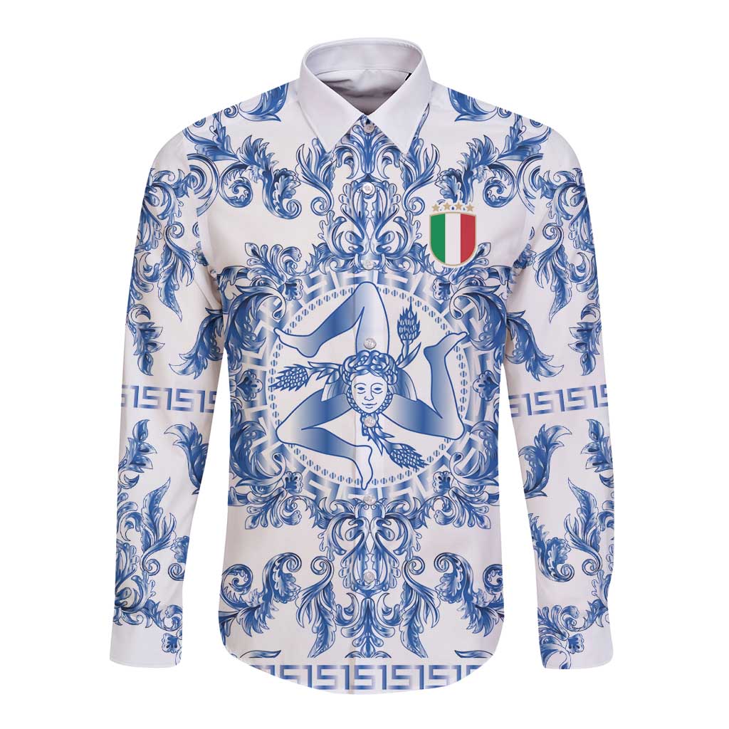 World Football 2026 Italy Custom Long Sleeve Button Shirt Blue White Baroque Trinacria Edition - Wonder Print Shop