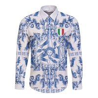 World Football 2026 Italy Custom Long Sleeve Button Shirt Blue White Baroque Trinacria Edition - Wonder Print Shop