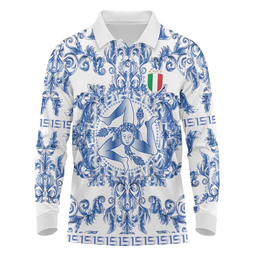 World Football 2026 Italy Custom Long Sleeve Polo Shirt Blue White Baroque Trinacria Edition - Wonder Print Shop