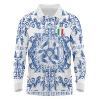World Football 2026 Italy Custom Long Sleeve Polo Shirt Blue White Baroque Trinacria Edition - Wonder Print Shop