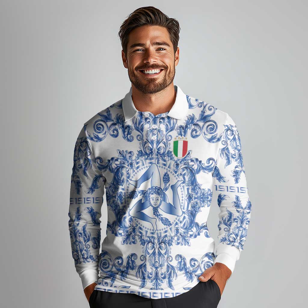World Football 2026 Italy Custom Long Sleeve Polo Shirt Blue White Baroque Trinacria Edition - Wonder Print Shop
